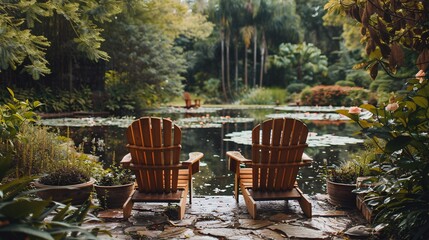 Obraz premium Outdoor seating by the water in a lovely garden.