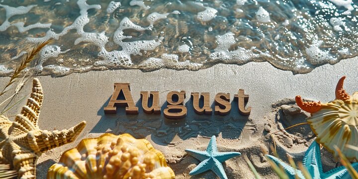 Vintage letterpress wood type displays Hello August against a paper landscape calendar theme.