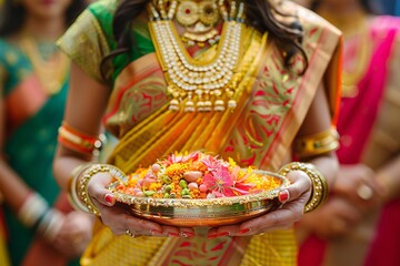 Elegant Indian women dressed in cultural sarees and ornaments, holding a tray of spiritual offerings. Celebrating traditional customs and stylish ethnic attire.