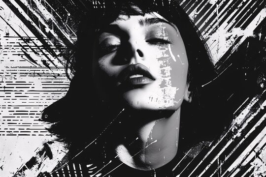 Grunge-inspired 90s woman portrait in monochrome photocopy style for a vintage music poster with a punk touch.