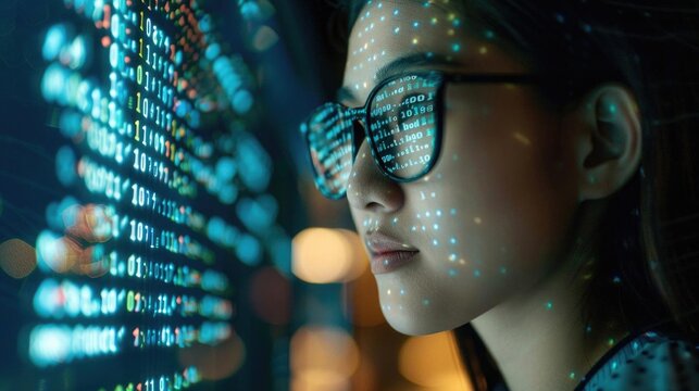 Portrait of a young female software engineer with code reflections on her glasses, surrounded by computer screens with binary data