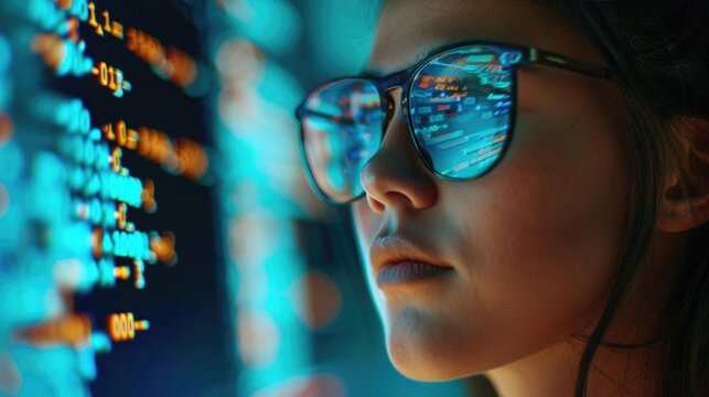 Portrait of a young female software engineer with code reflections on her glasses, surrounded by computer screens with binary data