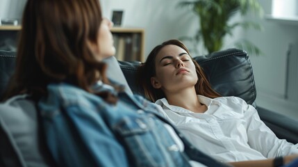 Therapist uses hypnosis to help woman with emotional issues stemming from challenging upbringing, as she relaxes on sofa with eyes shut during session.