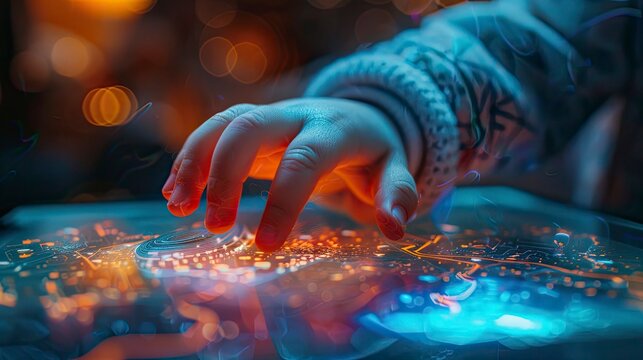 Close-up of a toddler's hand swiping on a touchscreen to play an educational game