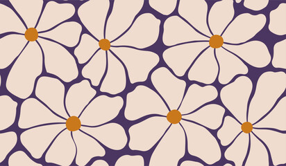 Seamless floral pattern with orange centered white flowers on a purple background