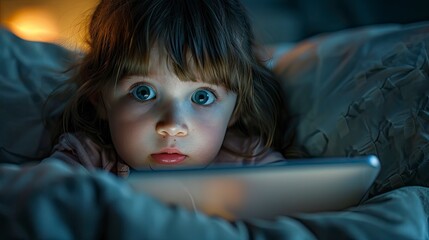 Close-up of a preschooler's face lit up by the glow of a tablet screen during bedtime stories