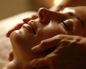 Naklejka premium Hands applying facial massage, skin smooth and relaxed, focus on rejuvenation