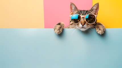 Fototapeta premium Pretty shorthair cat wearing sunglasses behind a blank white banner isolated on colorful background