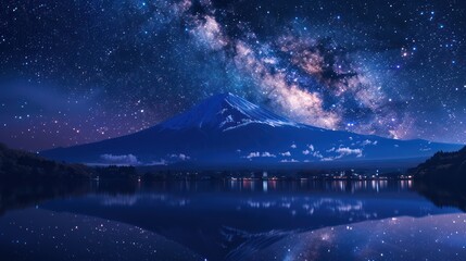 Naklejka premium beautiful Fuji moutain with Milky Way Galaxy background