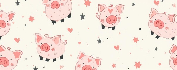 Fun and whimsical pink pig pattern with seamless design, featuring pigs with hearts and stars, set against a soft pastel background