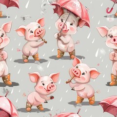 Obraz premium Fun and charming pink cartoon piglets with rain boots and umbrellas in a seamless design, set against a light gray background