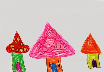 Colorful Mushroom Houses Drawing by Child