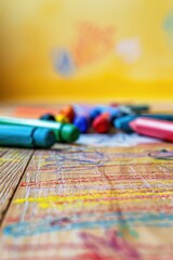Fototapeta premium Crayons of different colors on the painted wooden floor on the fuzzy background of the room