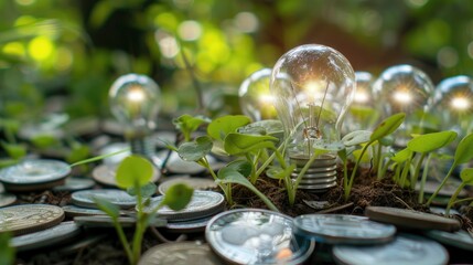 Green sprouts and light bulbs on a heap of silver coins, symbolizing sustainable finance and investment for a greener future