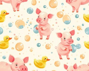 Obraz premium Cute pink cartoon pigs with bubbles and rubber duckies in a seamless pattern, creating a fun bath-time theme on a light cream background