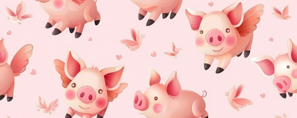 Cute and cuddly pink cartoon pigs with little wings in a seamless pattern, set against a light pink background for a magical feel