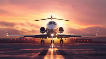 Corporate jet taking off at sunset, luxury and style, clear sky, dynamic and professional