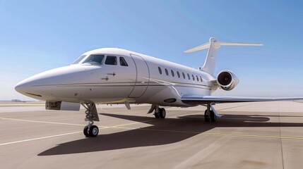 Corporate jet exterior on a runway, executives boarding, sleek and professional design, clear blue sky