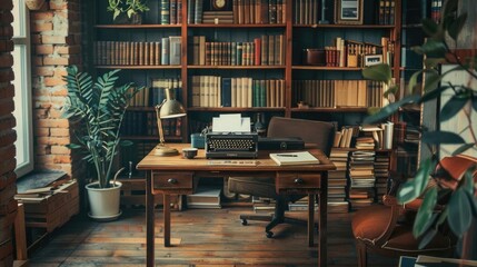 Cozy small office with a vintage wooden desk, typewriter, and old bookshelves, nostalgic and warm atmosphere