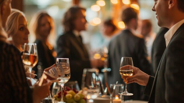 Corporate event with attendees networking, exchange of business cards, formal and elegant setting