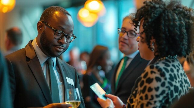 Corporate event with attendees networking, exchange of business cards, formal and elegant setting
