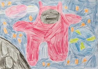 Child's drawing of a red astronaut floating in space. The scene includes stars, planets, and a spaceship, creating a whimsical space adventure.