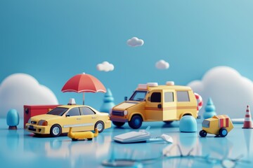 3D illustration of toy vehicles including a taxi and van under an umbrella Concept transportation travel toy art