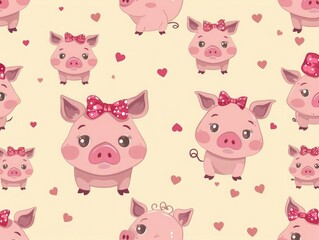 Charming pink cartoon pigs with bows and hats in a seamless pattern, set against a light yellow background for a whimsical look