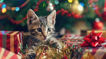 Obraz premium Cat playing with tinsel, nestled among Christmas gift boxes and decorations