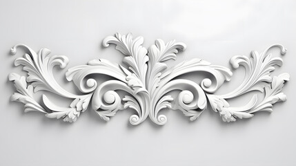 3D illustration of white decorative relief beautiful detailed ornament with acanthus leaves decoration in baroque style isolated on white background