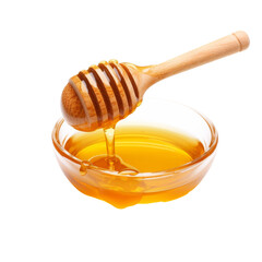 Isolated Honey in Bowl with Wooden Dipper Without Background.