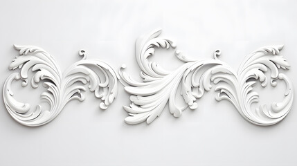 3D illustration of white decorative relief beautiful detailed ornament with acanthus leaves decoration in baroque style isolated on white background