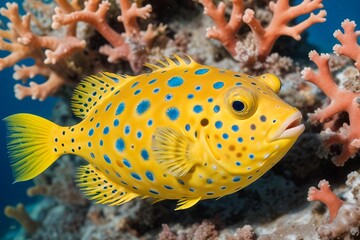 Yellow boxfish swimming among coral reefs with a blue ocean background and colorful corals.