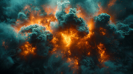 Fototapeta premium Des flammes rouges et oranges, mêlées à de la fumée et des explosions, créent une texture brûlante et artistique dans un papier peint fractal aux couleurs chaudes.
