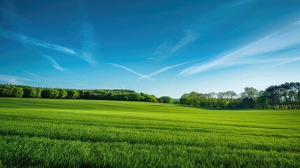Fototapeta premium Lush green fields with a clear blue sky, offering a serene and idyllic landscape for wallpaper