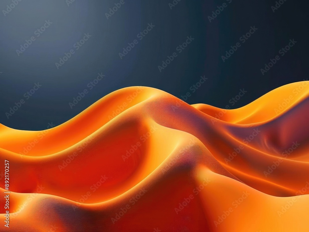 Poster bold and flowing 3d abstract orange waves, forming a dynamic pattern against a dark, minimalist back