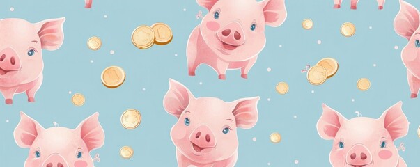 Adorable pink piglets in a seamless pattern, with piggy banks and coins, set against a light blue background for a playful look