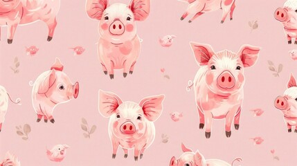 Adorable pink pig pattern with seamless design, featuring whimsical piglets in different poses on a soft pink background
