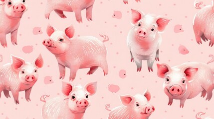 Obraz premium Adorable pink pig pattern with seamless design, featuring whimsical piglets in different poses on a soft pink background