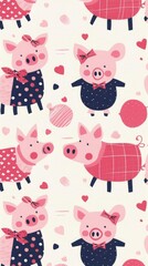 Adorable pink pig design with seamless pattern, featuring pigs in different outfits like bow ties and dresses, on a light pink background