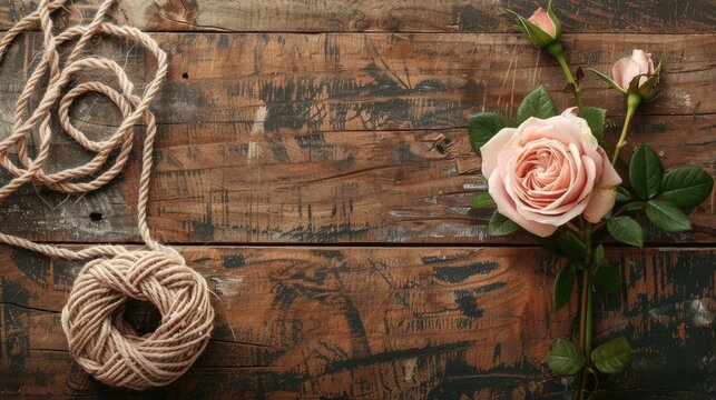 Top view image showcasing macrame braiding with cotton threads and rose flower ideal for craft promotions with ample space for text