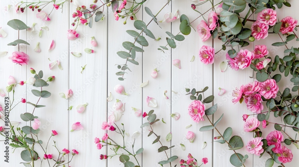 Poster pink flowers and eucalyptus on white wood flat lay view