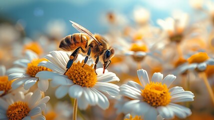 Bee collecting nectar from daisy flower
