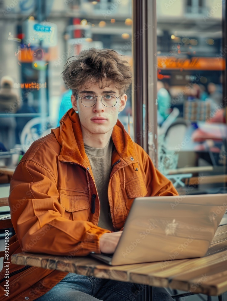 Poster young man working on laptop, boy freelancer or student with computer in cafe at table looking in cam