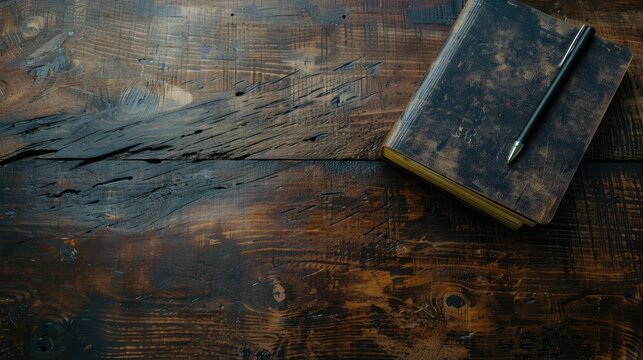 Wooden desk with pen and notepad