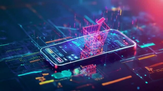 Mobile Shopping Experience with Colorful Interface. A red shopping cart rests atop a smartphone screen displaying a digital shopping interface with colorful lines and elements. Seamless Animation Ai