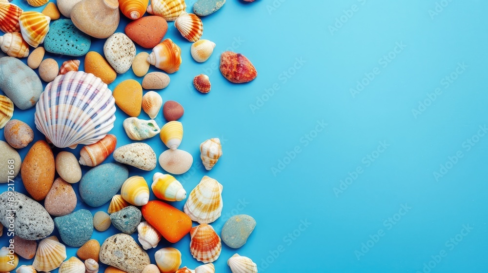 Poster template with seashell on colorful pebbles against blue backdrop for summer message