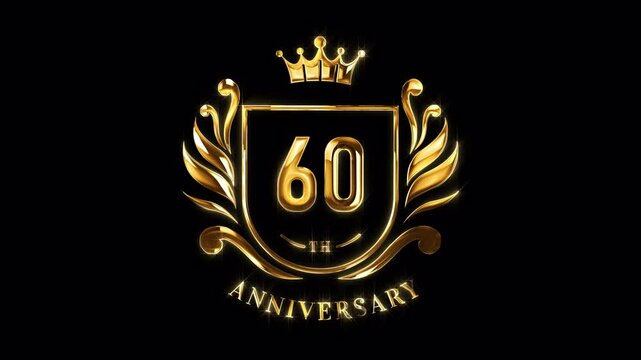 60th Anniversary Celebration. Golden 60 Years Anniversary Animation in Gold Color on the Transparent Background, Alpha Channel. Great for greetings, celebrations, events, and gifts.