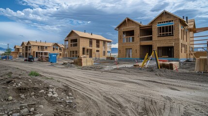 Construction site with wooden houses in progress under a cloudy sky.