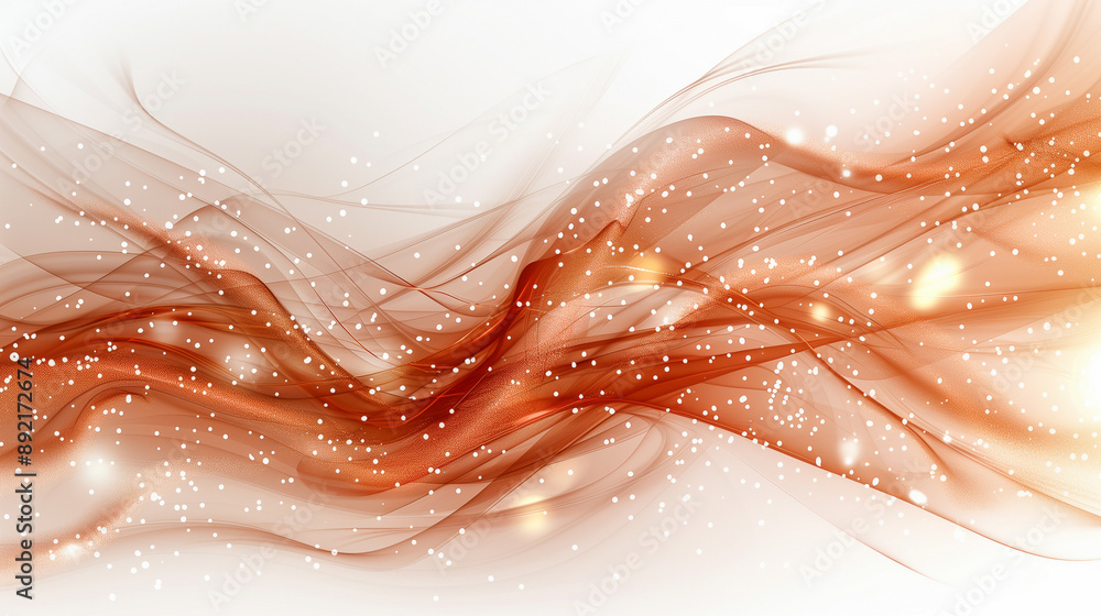 Poster flowing abstract orange waves with white sparkles..